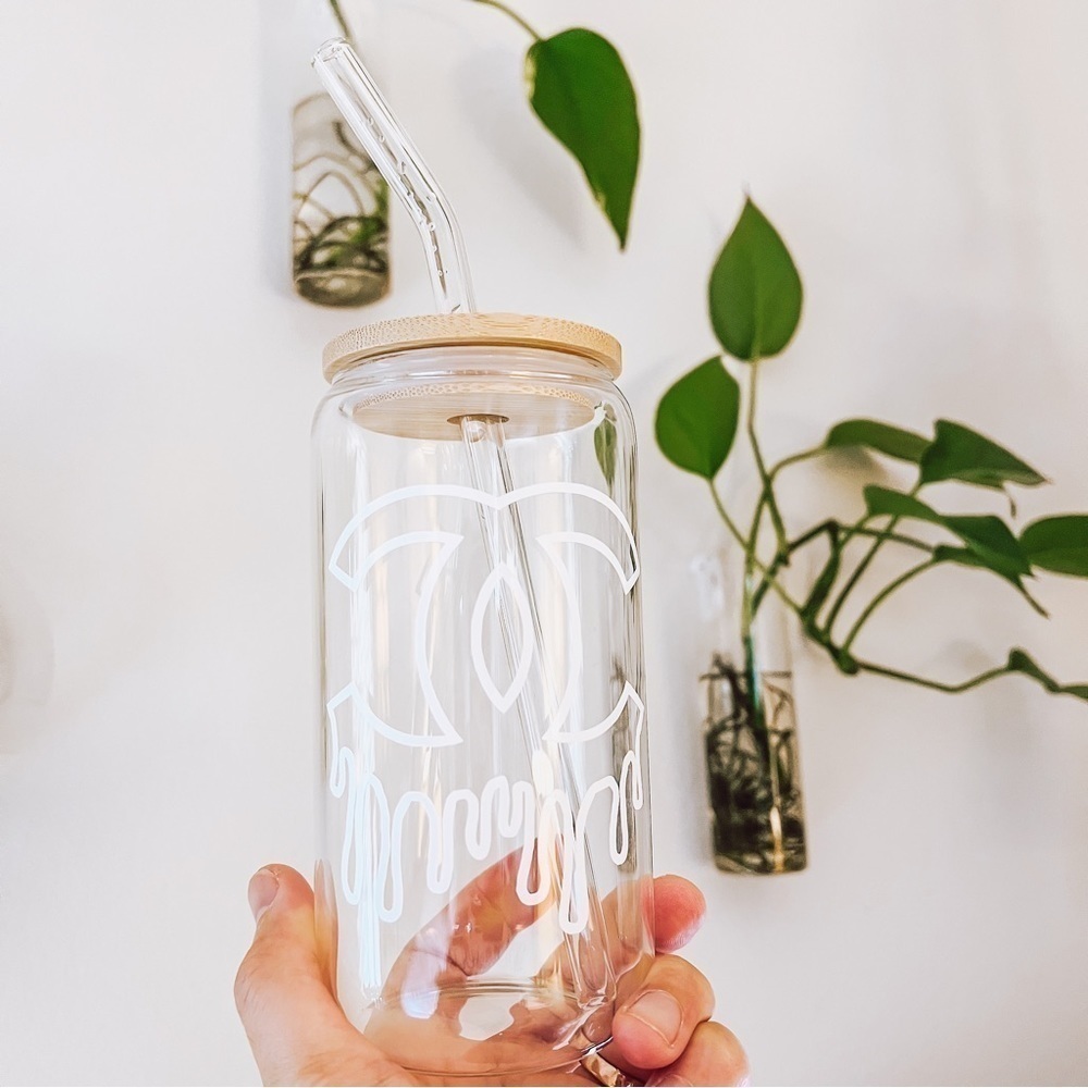 Custom Designer Inspired 16 oz Glass Tumbler Wood Lid w/ Glass Straw NEW - Picture 2 of 5